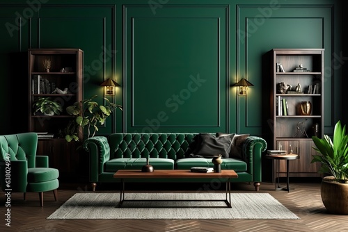 Green background for a living room. A wall of rich, dark green. furniture in an opulent atmosphere with green cabinets and gray couches