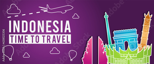 purple banner of Indonesia famous landmark silhouette colorful style,plane and balloon fly around with cloud,vector illustration