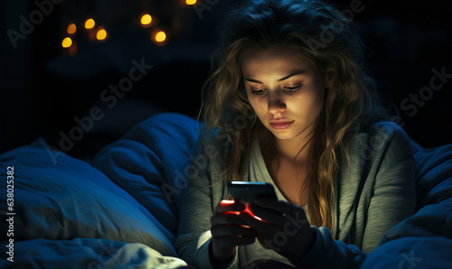 Young Woman with Smartphone in Bed at Night: A Symbol of Nomophobia and Sleeping Disorder