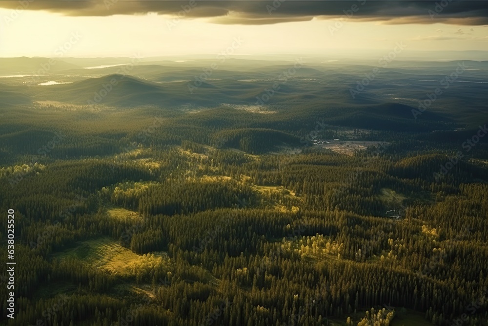 At sunset, an aerial picture of a green pine forest with dark spruce trees covering high ranges. Aerial view of northern woodlands