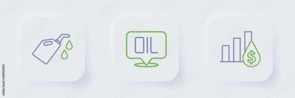 Set line Pie chart and dollar, Word oil and Canister for motor machine icon. Vector Set line Pie chart and dollar, Word oil and Canister for motor machine icon. Vector