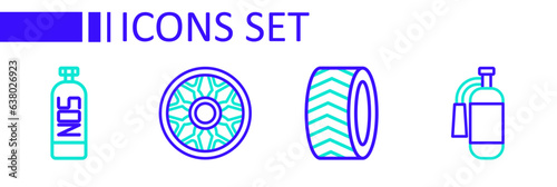Set line Fire extinguisher, Car tire wheel, Alloy for car and Nitrous oxide icon. Vector