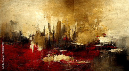 Generative AI, Red, golden and black watercolor abstract painted background. Ink black street graffiti art on a textured paper vintage background, washes and brush strokes. © DELstudio