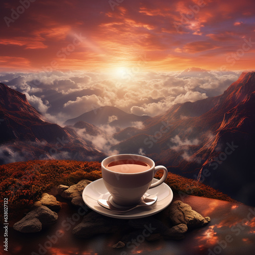 Close-up of a coffee cup with behind a beautiful view of the mountains. Travel and Landscapes.