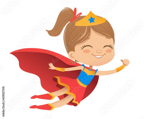 Cartoon vector characters Superheroe Fllying Girl, isolated on white background. Perfect for party, invitations, web, mascot. photo