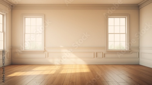 An empty room with three windows and a hardwood floor