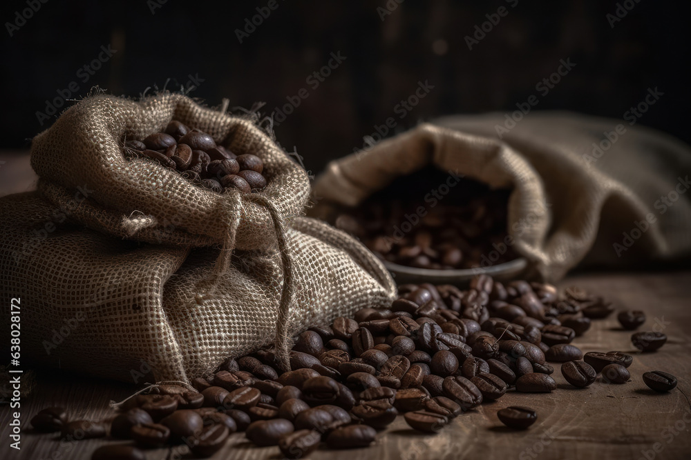Coffee beans with burlap bag, on dark background. Generative AI.