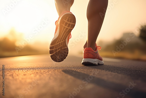 Close up of runner athlete's feet and running shoes running on asphalt road under bright light in the morning. Lifestyle concept for sports and hobbies.