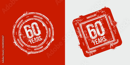 Group of 60th anniversary logos drawn as stamps, red frames for celebration. Grunge rubber stamp texture. Holiday stamps. Collection of postage stamps. Vector round and rectangular stamps