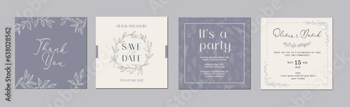 Invitation and universal card design set with floral wreath. Wedding templates.