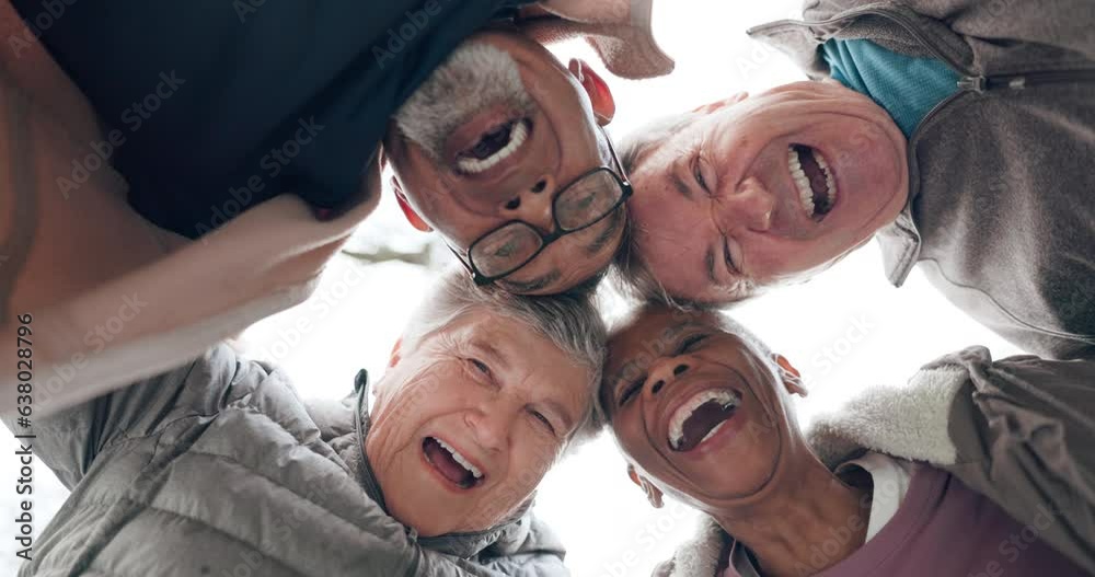 Senior people, face of team or circle for fitness motivation, solidarity or support in outdoor park. Portrait, happy or group of friends together for teamwork goals, mission or workout exercise below
