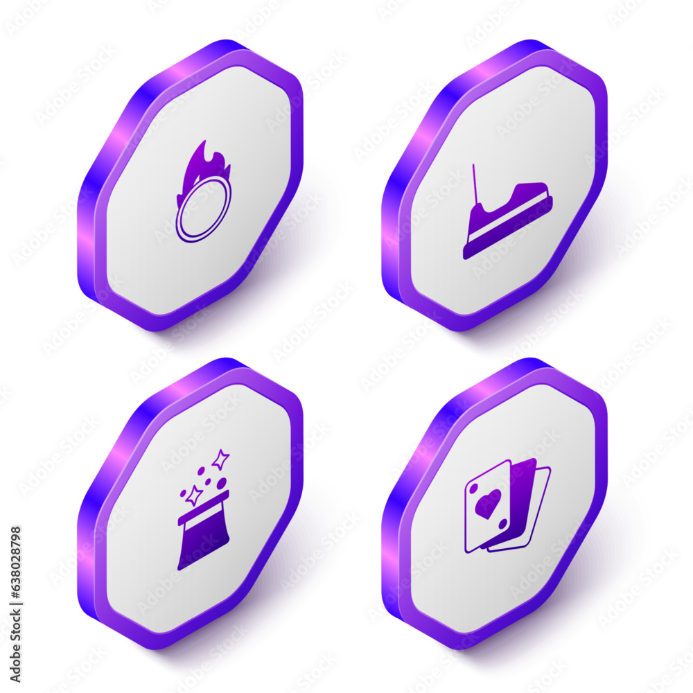 Set Isometric Circus fire hoop, Bumper car, Magician hat and Playing cards icon. Purple hexagon button. Vector Set Isometric Circus fire hoop, Bumper car, Magician hat and Playing cards icon. Purple hexagon button. Vector