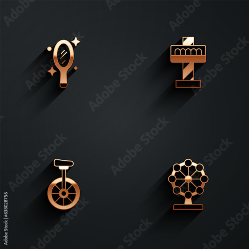 Set Magic hand mirror, Attraction carousel, Unicycle and Ferris wheel icon with long shadow. Vector
