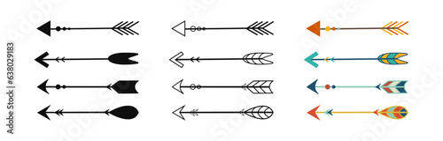 Set of arrows of ancient wild tribes, Indians, African tribes. Vector. Silhouette, outline, colorful arrows with ornaments. Hunting equipment. Mayan and Aztec ethnic ornaments
