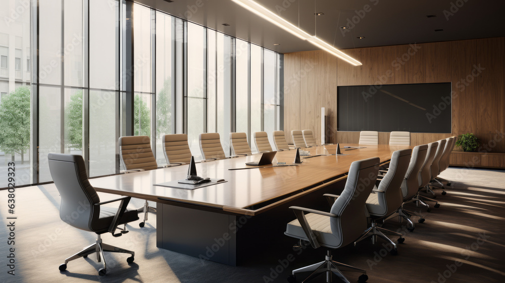 A well-organized conference room with a large meeting table
