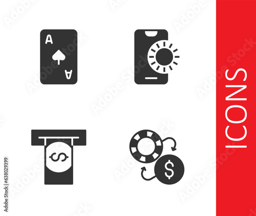 Set Casino chips exchange, Playing card with spades symbol, Automated teller machine and money and Online sports betting icon. Vector
