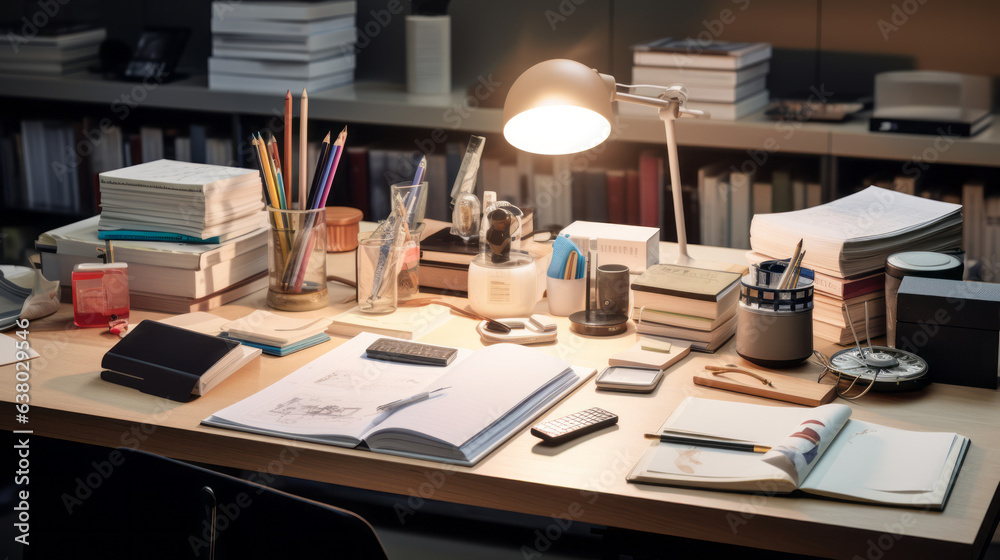 Naklejka premium A well-organized desk with a planner and pens