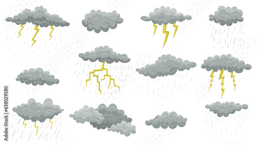 Grey clouds with rain and lightning. Drawing of thunderclouds or thunder isolated on white background. Weather, summer or autumn concept, bad or sad mood.