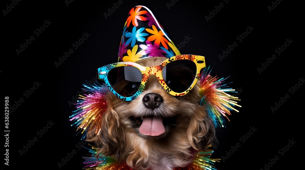 A dog celebrating with a festive party hat and stylish sunglasses