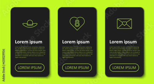 Set line Elegant women hat, Heart with 8 March and Envelope. Business infographic template. Vector