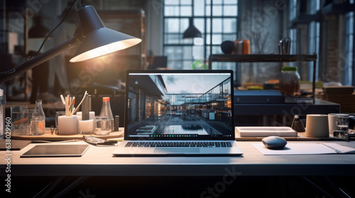 A workspace with a standing desk and laptop