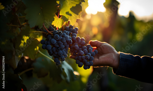 une main qui tient une grappe de raisin noir au milieu des vignes