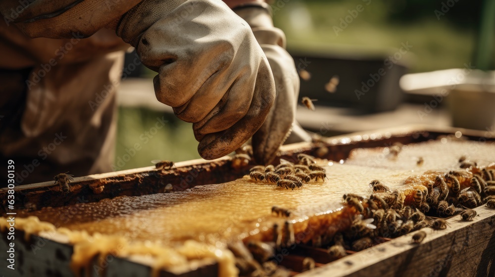 Beekeeper checking the honey harvest from the hive. Generative AI Beekeeper checking the honey harvest from the hive. Generative AI