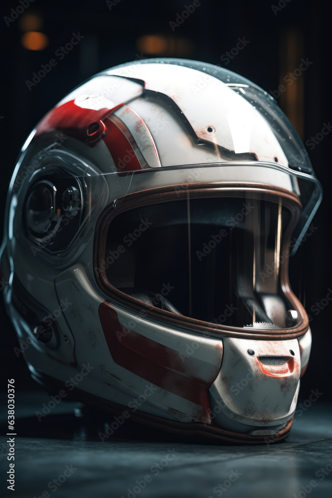 Fototapeta premium Biker helmet on black background. Generative AI.