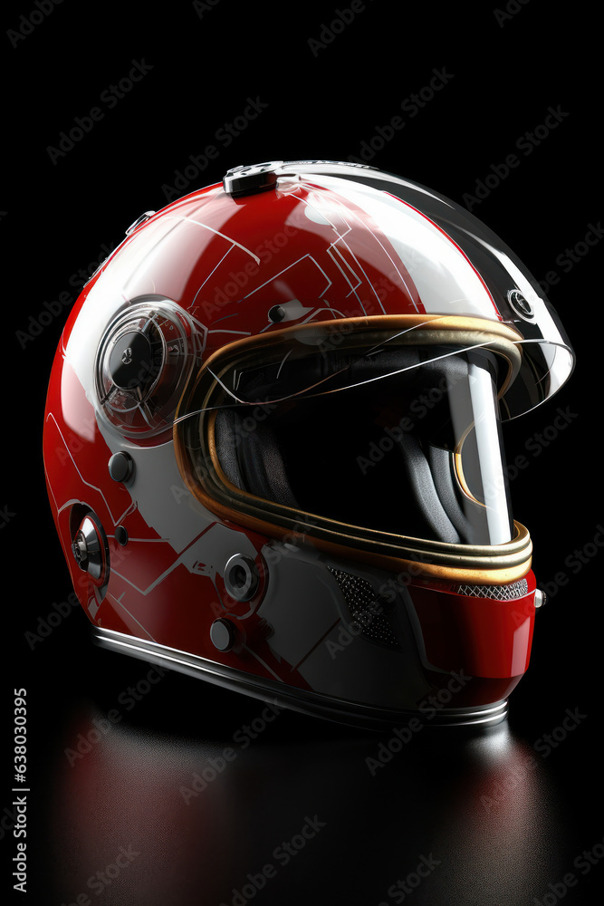Fototapeta premium Biker helmet on black background. Generative AI.