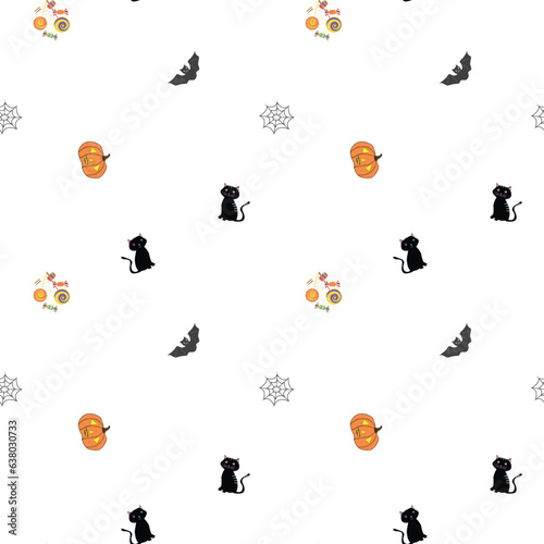 Halloween cats, pumpkins, bats, sweets seamless pattern. Vector design with varied halloween elements on white scattered background. Fun spooky backdrop. Repeat for kids, Treat or Treat products © Gaianami  Design