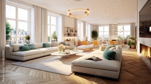 The inside of a trendy  modern apartment is pastel colored. a room with huge windows that let plenty of natural light in. Parquet wood flooring  white walls  and a fireplace made of