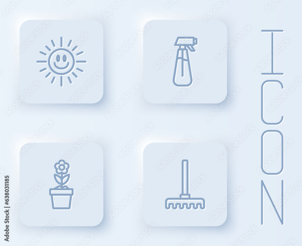 Set line Sun, Garden sprayer for water, Flower in pot and rake. White square button. Vector