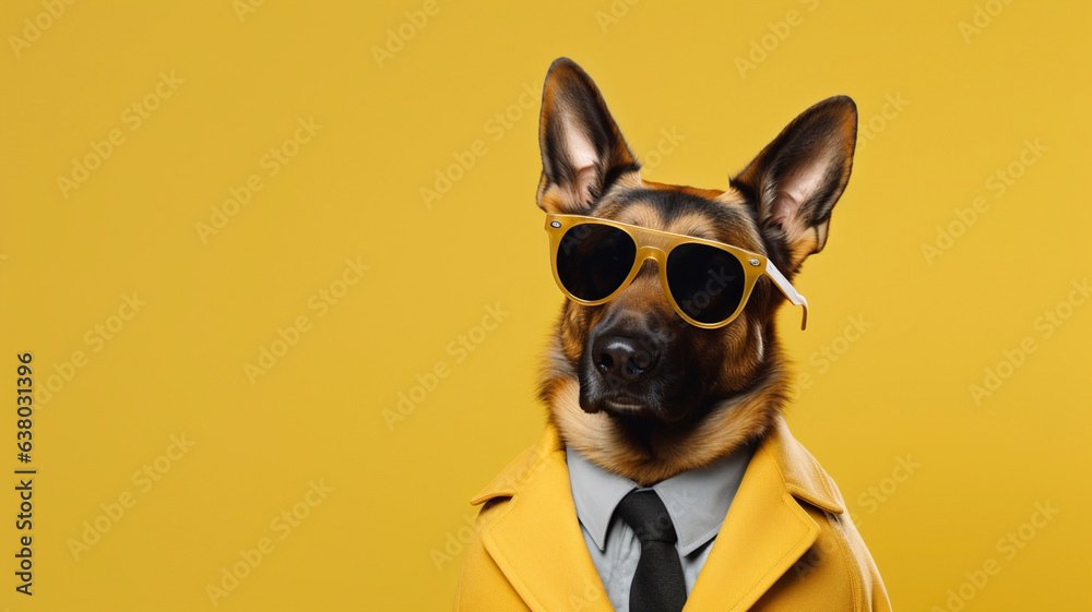 German Shepherd dog wearing funky fashion dress and glasses. Dog posing as model.