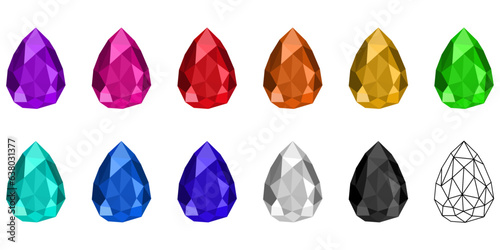 A set of gemstones in the shape of a pear. Colored pear jewels, colorful collection. Multi-colored jewels, and black and white jam options.