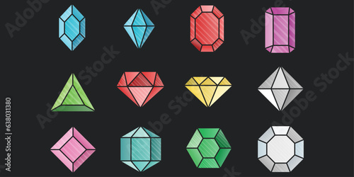 Gemstones of various colors and shapes. Drawn jewels made in the same style, but different in color and shape.