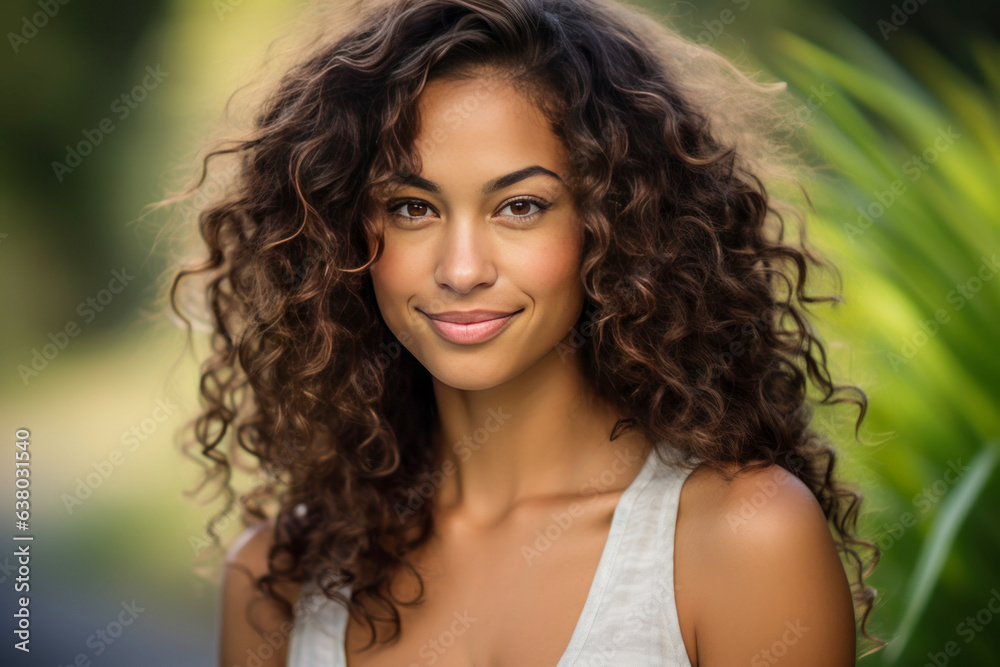 Outdoor portrait of a smiling elegant young woman with blurry park background.