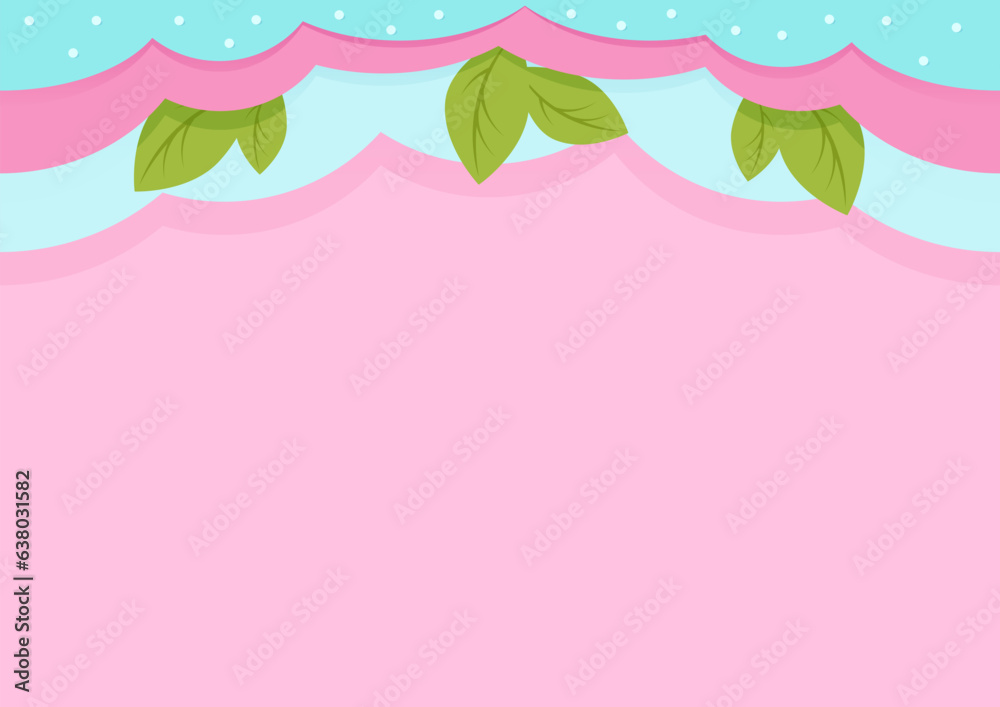 Seamless blue and pink sweet border with mint leaves on pink background