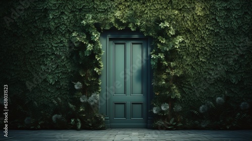 A green door framed by a vibrant wall of plants