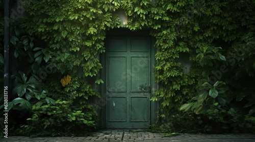 Green door with leaves wall. Naturalistic concept