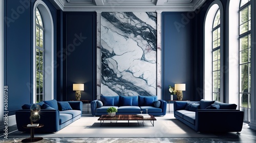 An empty wall in a blue  navy  and white living room lounge. A space with vivid colors and marble flooring. modelled art room