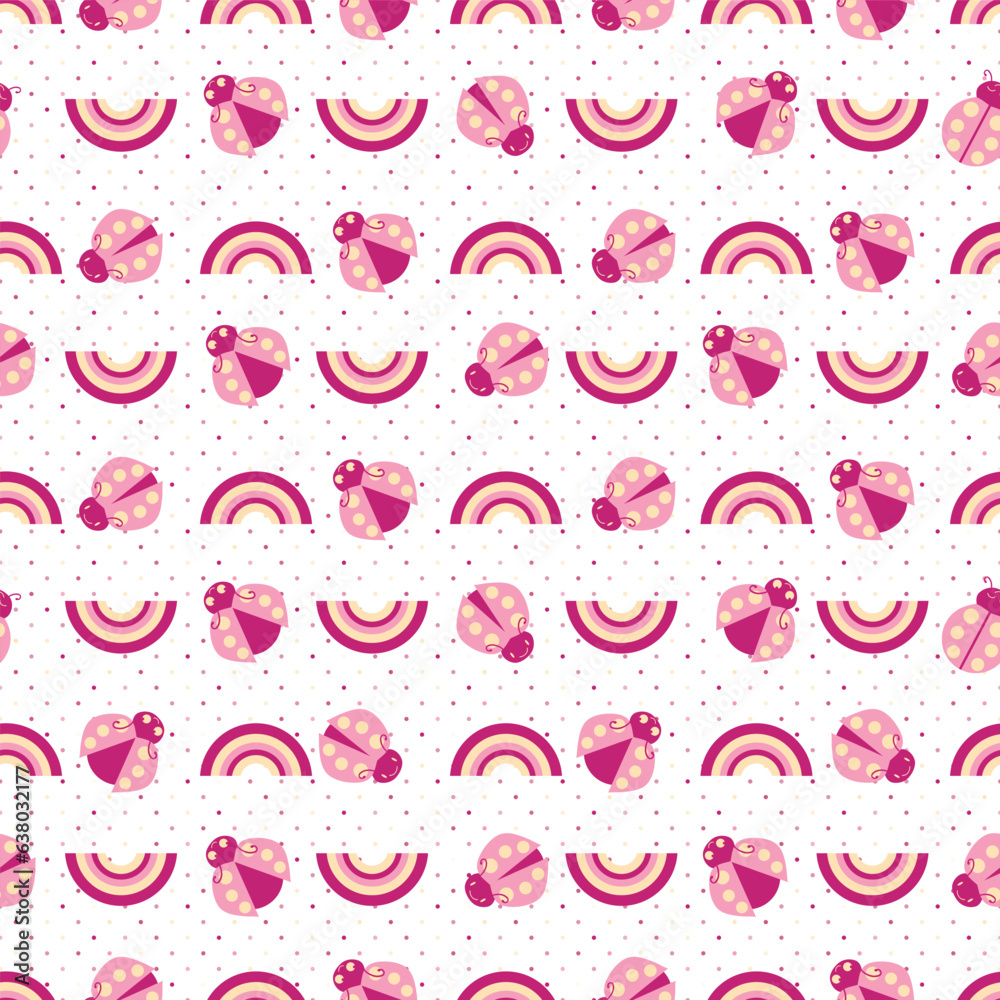 Cute pink ladybugs and rainbows seamless vector pattern background. Kawaii carton ladybird characters with pretty rainbows on white backdrop. Horizontal stripe effect repeat for summer, baby, girls