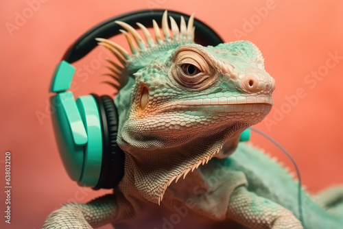 Iguana pastel photo in headphones listening to music, funny summer photo. Generative AI.