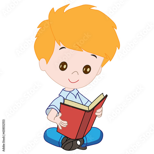 The boy was sitting on the floor and reading a book. Vector illustration.