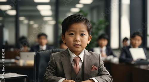 Asian toddler in suit sitting in an office in a meeting