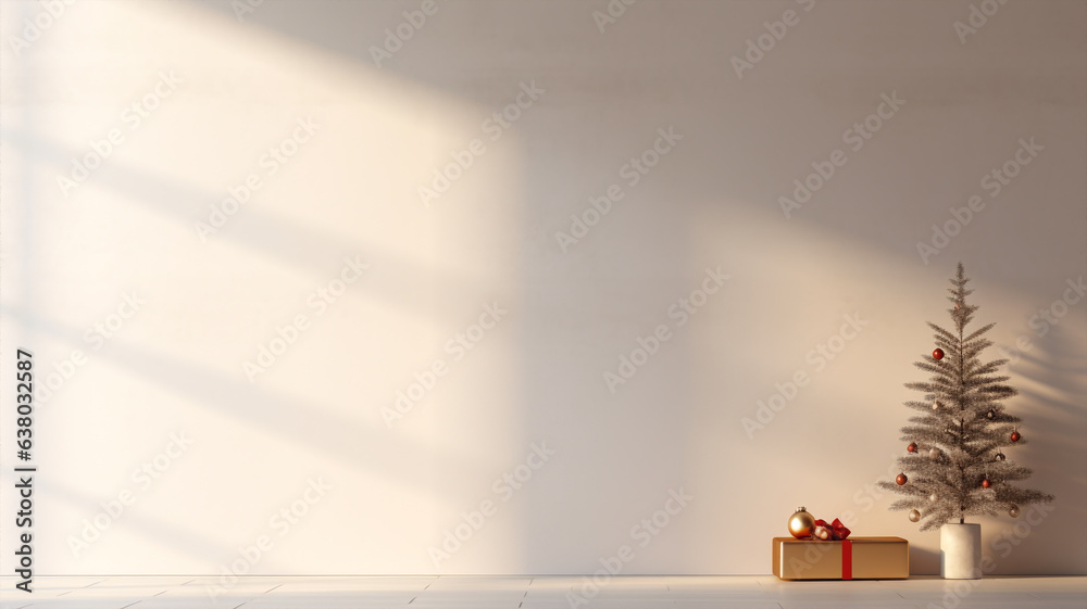 Fototapeta premium Fond abstrait de noël pour la présentation de produits. Avec ombres et lumières des fenêtres, avec un sapin et un cadeau.