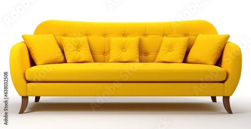 Modern yellow leather sofa with pillows isolated