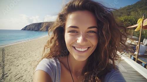 closeup shot of a good looking female tourist. Enjoy free time outdoors near the sea on the beach. Looking at the camera while relaxing on a clear day Poses for travel selfies smiling happy tropical © pinkrabbit
