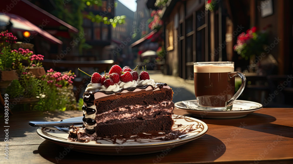 Generative AI, a piece of black forest cake, decorated with cream and cherries, stands on the table of a summer cafe, a traditional German dessert, a terrace, a chocolate biscuit, a restaurant, berrie