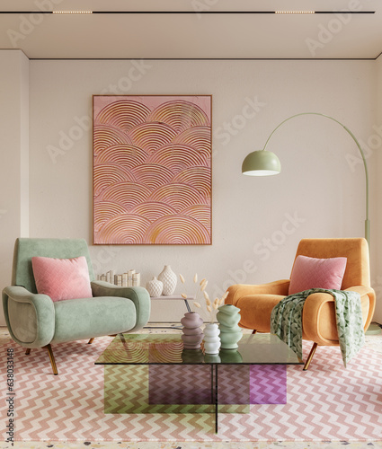 Colorful and vibrant interior designs of living room adorned with cozy furnitrue and beautiful decor, 3d rendering