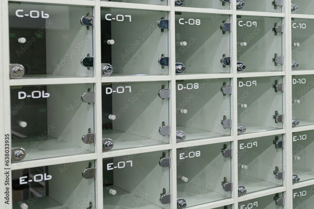 Clear acrylic locker box or locker in front of the classroom. Clear acrylic locker box or locker in front of the classroom.